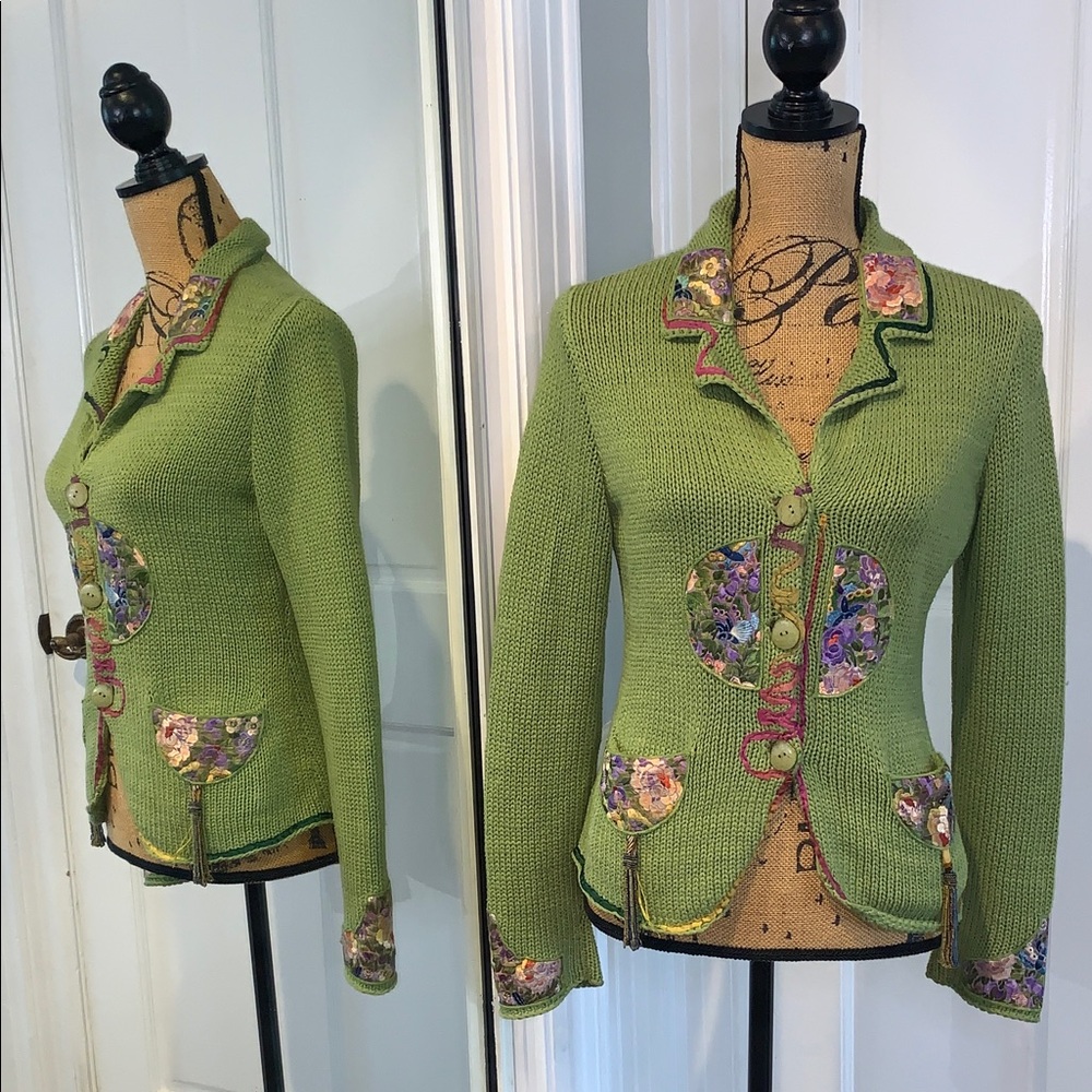 Vintage Barbara Who? Fall Knit Cardigan Asian Floral Appliqué Beaded Tassle S/M